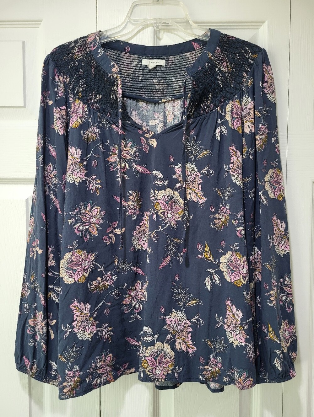 Maurices Navy Floral Smocked Yoke Peasant Blouse, XL